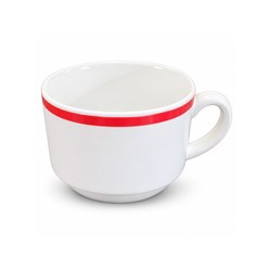 JUNIPER COFFEE CUP WHT 220ML PTD BURGUNDY BAND (6/48) STACK