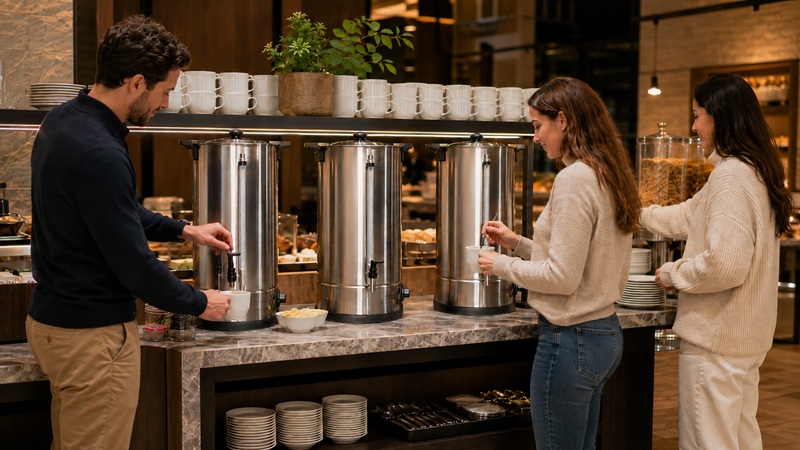 people dispensing hot water using the urns