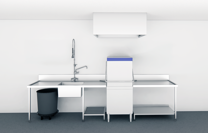 passthrough dishwasher with extraction hood setup